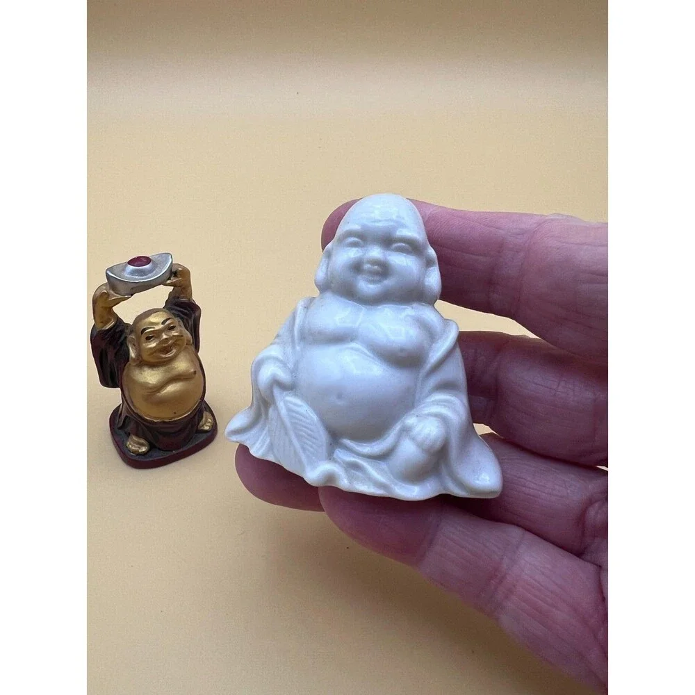 Lot of 8 Miniature Buddha and Happy Buddha Figurines - Stone, Resin, Ceramic